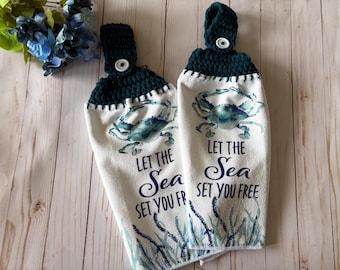 Set of 2 Beach House Kitchen Towels, Blue Watercolor Crab, Crochet Top