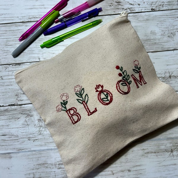 Bloom Travel bag, Hand Embroidered Floral Cosmetic Bag with Zipper