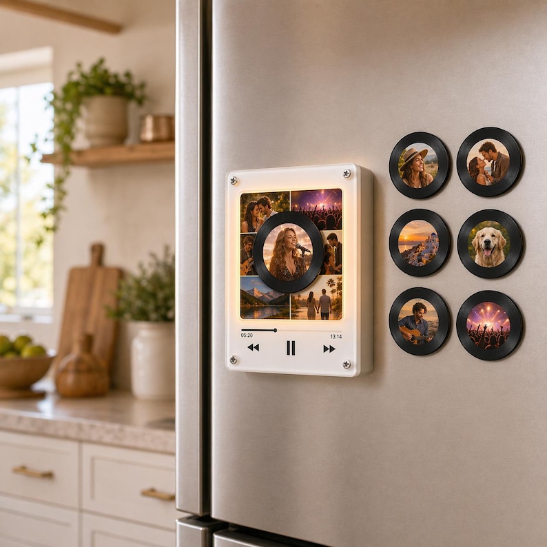 Puede incluir: Una pantalla de fotos blanca e iluminada que se asemeja a un reproductor de m&uacute;sica, con una foto circular central y varias fotos circulares m&aacute;s peque&ntilde;as. La pantalla est&aacute; montada en la puerta de un refrigerador de acero inoxidable. Las fotos presentan varias im&aacute;genes, incluyendo personas y paisajes.