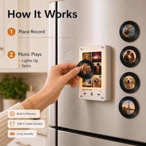 Puede incluir: Un dispositivo rectangular blanco con una pantalla que muestra fotos y varios discos negros redondos peque&ntilde;os con fotos. El texto "How It Works" y los pasos numerados son visibles. El dispositivo tiene memoria integrada e incluye un cable USB-C.