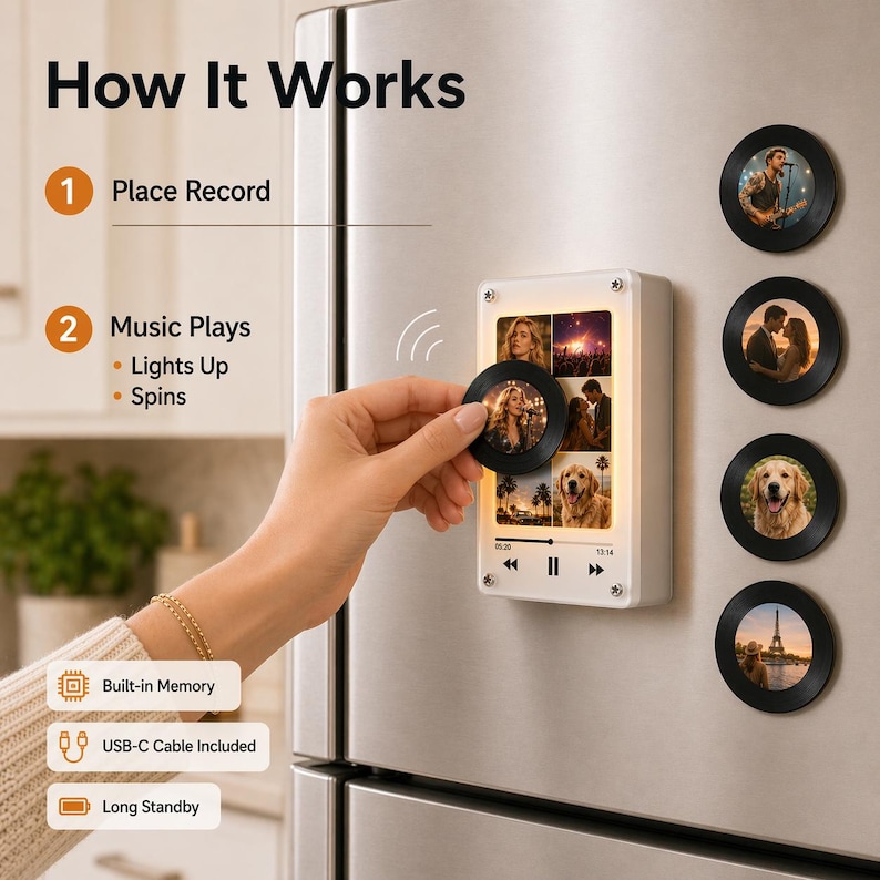 Puede incluir: Un dispositivo rectangular blanco con una pantalla que muestra fotos y varios discos negros redondos peque&ntilde;os con fotos. El texto "How It Works" y los pasos numerados son visibles. El dispositivo tiene memoria integrada e incluye un cable USB-C.
