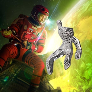 May include: A silver-colored, stylized human figure with intricate geometric patterns. The figure is in front of an astronaut in a red spacesuit with a NASA patch. The background features a green and yellow planet.