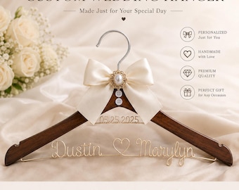 Percha nupcial personalizada, percha de madera a medida para vestido de novia con nombre y lazo de alambre.
