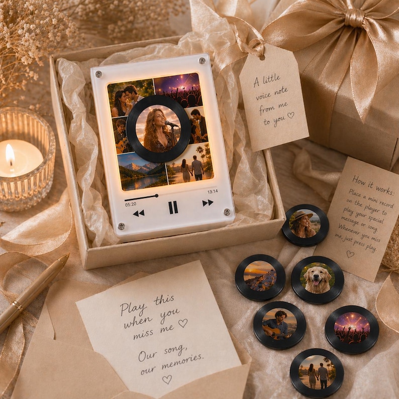 Puede incluir: Un reproductor de m&uacute;sica blanco con un disco negro en el centro, rodeado de fotos. El reproductor est&aacute; en una caja de regalo con un lazo e incluye peque&ntilde;os discos con fotos. El texto en el reproductor dice "05:20" y "13:14".