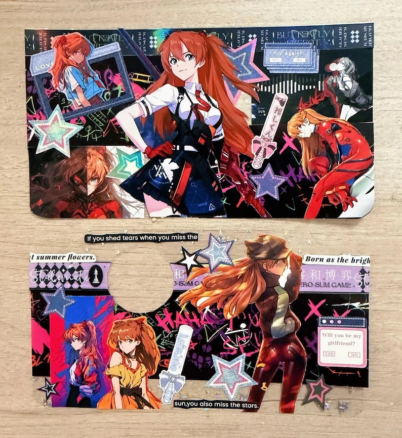 Puede incluir: Dos coloridos collages art&iacute;sticos con ilustraciones de estilo anime de un personaje femenino con largo cabello rojo. Los collages incluyen texto, estrellas y varios elementos gr&aacute;ficos en una vibrante paleta de colores negro, rosa y azul.