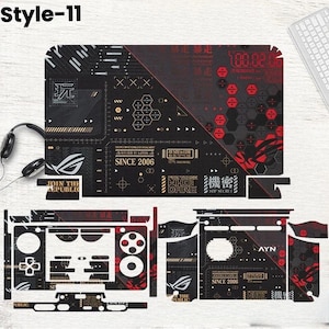 May include: A black and red gaming console skin set with a geometric design and the text "Style-11". The set includes various pieces for different parts of the console, featuring the ROG logo and phrases like "JOIN THE REPUBLIC" and "SINCE 2006".