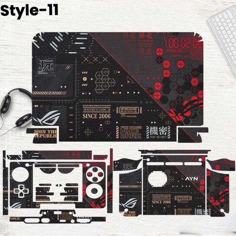 May include: A black and red gaming console skin set with a geometric design and the text "Style-11". The set includes various pieces for different parts of the console, featuring the ROG logo and phrases like "JOIN THE REPUBLIC" and "SINCE 2006".