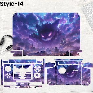 May include: A set of purple and blue gaming console skins featuring a Gengar design. The design includes a cityscape, clouds, and the text "AYN". The text "Style-14" is in the upper left corner. The skins are designed to fit a gaming console.