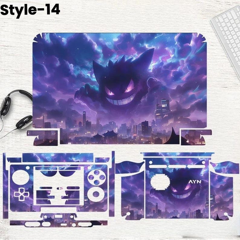 May include: A set of purple and blue gaming console skins featuring a Gengar design. The design includes a cityscape, clouds, and the text "AYN". The text "Style-14" is in the upper left corner. The skins are designed to fit a gaming console.