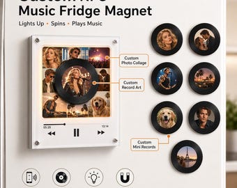 Imán de nevera musical personalizado, imán de tocadiscos NFC personalizado, caja de música con collage de fotos, regalo de nota de voz, regalo de aniversario para él/ella.