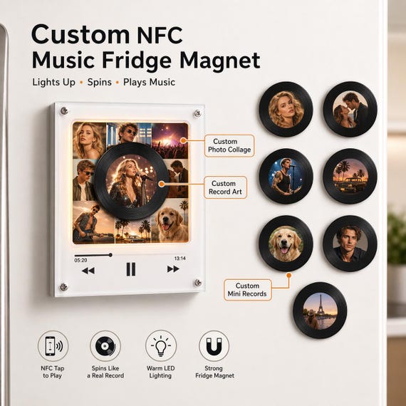 Custom Music Fridge Magnet, Personalized NFC Record Player Magnet, Photo Collage Music Box, Voice Note Gift, Anniversary Gift for Him Her