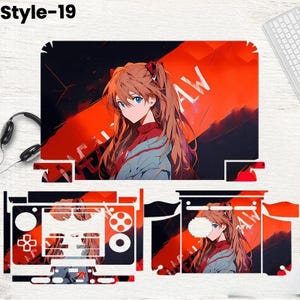 May include: A set of laptop skins featuring anime-style artwork. The main design showcases a female character with long orange hair and blue eyes against a red and black background. The text "AW" is visible. The set includes skins for the laptop's top, keyboard area, and sides.