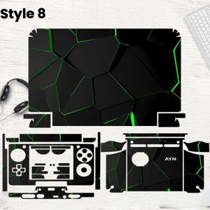 May include: A set of black and green gaming console skins. The skins feature a geometric design with green accents. The image includes skins for the console, controller, and other accessories. The text "Style 8" is visible in the upper left corner.