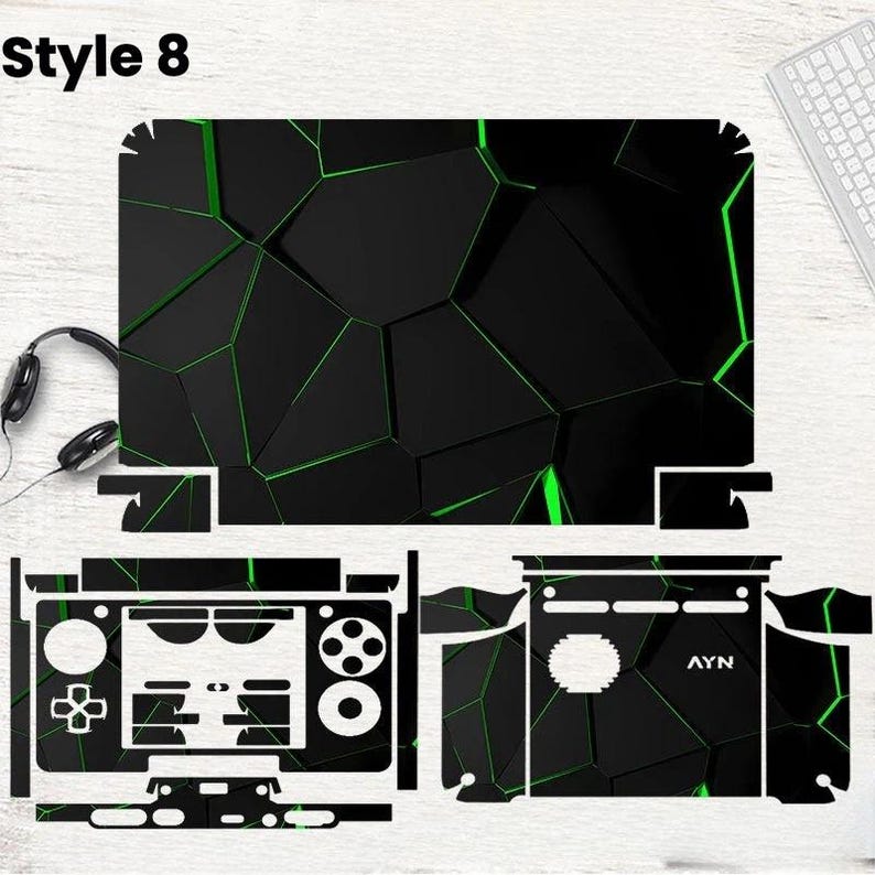 May include: A set of black and green gaming console skins. The skins feature a geometric design with green accents. The image includes skins for the console, controller, and other accessories. The text "Style 8" is visible in the upper left corner.