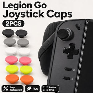 May include: A set of Legion Go joystick caps in various colors, including black, gray, white, pink, yellow, and orange. The image shows the caps next to a black gaming device. Text on the image says "Easy Replacement", "PLA", and "Better Grip".