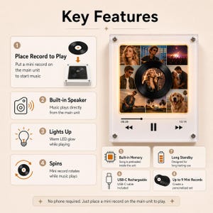 Puede incluir: Un reproductor de m&uacute;sica de acr&iacute;lico transparente con un mini disco en el centro, rodeado de fotos. El dispositivo cuenta con un altavoz incorporado, se ilumina y hace girar el disco. El texto "Key Features" est&aacute; en la parte superior, con detalles sobre las funciones del dispositivo.