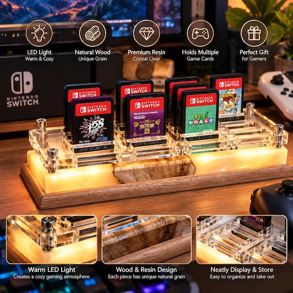 LED Wood Resin Game Card Holder, Switch Cartridge Stand, Handmade Gamer Desk Organizer, Gaming Gift