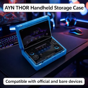 May include: A blue handheld storage case, open to reveal a gaming device. The screen displays an interface with icons and the time 8:04. The case is labeled "AYN THOR Handheld Storage Case" and "Compatible with official and bare devices."