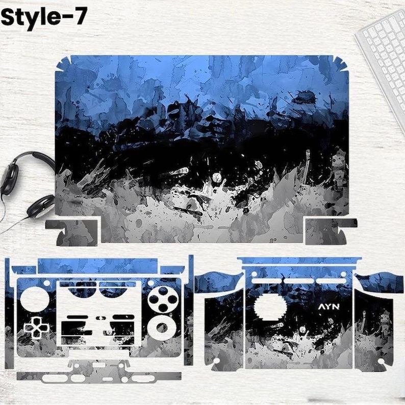 May include: A set of blue, black, and gray abstract patterned skins for a gaming device. The skins include pieces for the top, sides, and controller. The text "Style-7" is in the upper left corner, and the text "AYN" is on one of the skins.