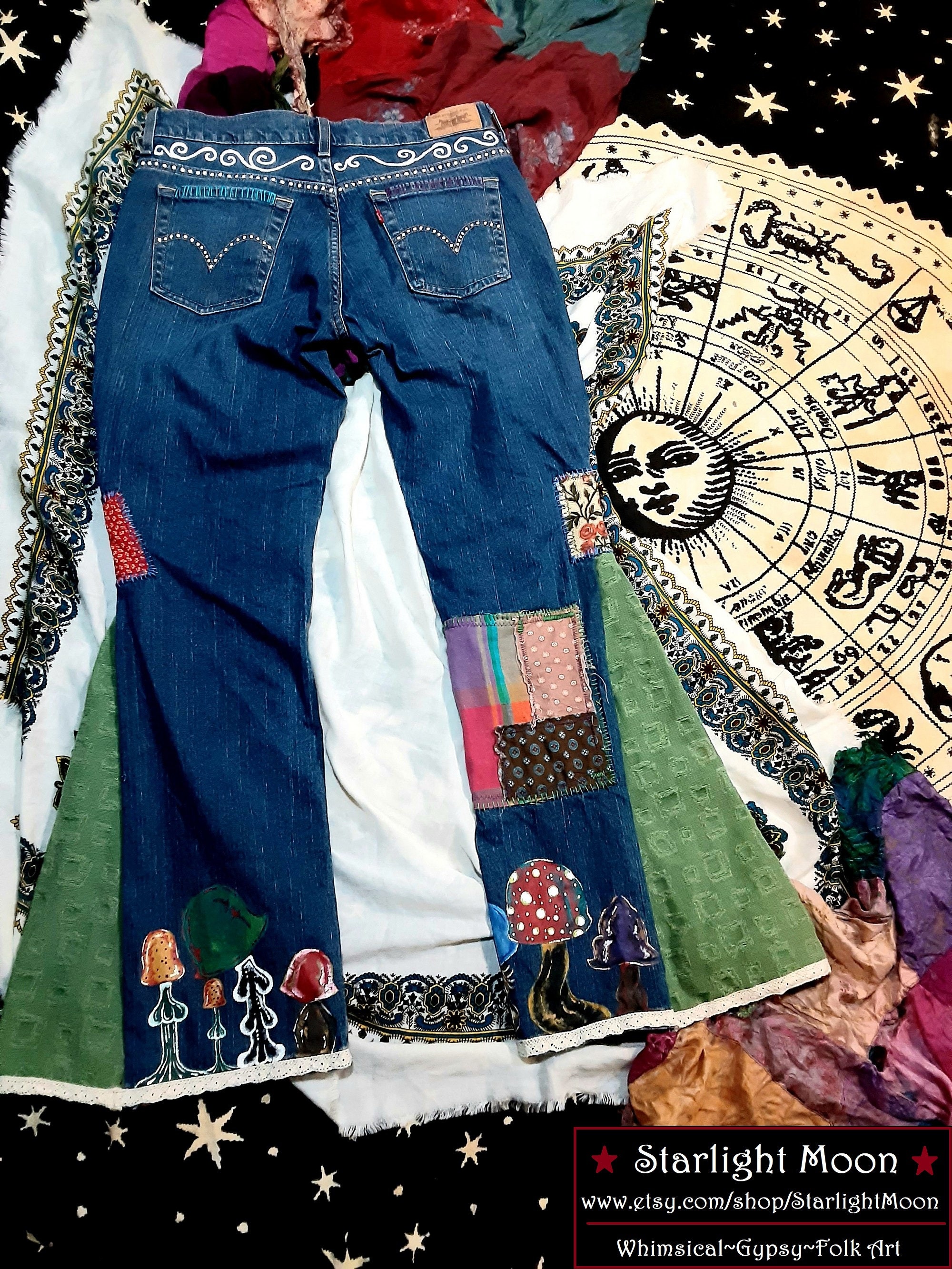 Hand Painted Bohemian Hippie Mushroom Jeans Etsy