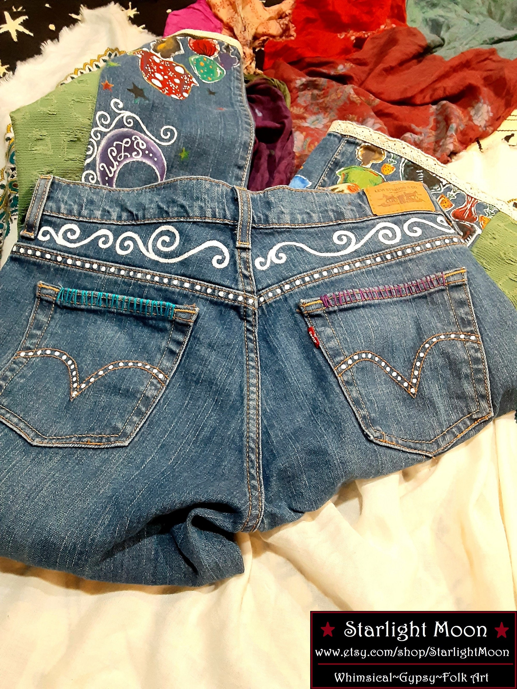 Hand Painted Bohemian Hippie Mushroom Jeans Etsy