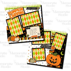 May include: A digital scrapbook layout featuring a pumpkin carving theme with orange, green, and black diamond patterns. It includes photo frames, a checklist with the text 'pick a pumpkin', 'design our faces', 'scoop it out', 'carve with care', 'light it up', and 'CARVE MEMORIES, NOT JUST PUMPKINS'.