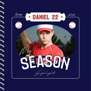 May include: A navy blue baseball-themed notebook with a spiral binding. The cover features a baseball player in a red uniform and the text "My SEASON Highlights". The name "DANIEL 22" is displayed above the player.