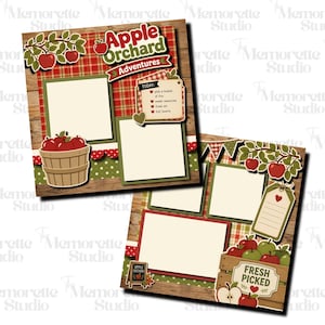 May include: Two digital scrapbook pages featuring an apple orchard theme with red and green plaid patterns, wood grain textures, and white photo frames. Elements include apple baskets, branches with red apples, and text reading Apple Orchard Adventures.