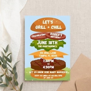 May include: A light blue invitation card designed as a burger, with the text "LET'S GRILL + CHILL" and "CELEBRATING ROGER'S BIRTHDAY JUNE 18TH". The card includes event details such as the location, time, and RSVP information.