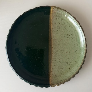 Handmade Ceramic Mermaid Plate in Jade/Emerald Speckle Color block, 8.25"