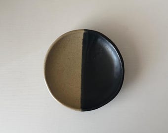 Handmade Ceramic Dish in Matte Black/Matte Ivory Color block 5.25"