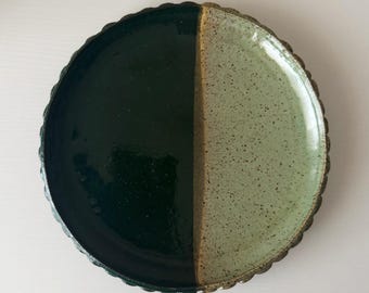 Handmade Ceramic Mermaid Plate in Jade/Emerald Speckle Colorblock 8.25"