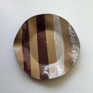 Handmade Decorative Ceramic Wavy Plate in White/Raspberry Painterly Stripe, 7"