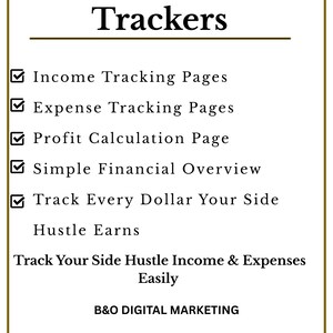 Puede incluir: Gr&aacute;fico digital con las palabras "Income & Expense Trackers" en negrita negra. La imagen enumera caracter&iacute;sticas como p&aacute;ginas de seguimiento de ingresos y gastos, c&aacute;lculo de ganancias y descripci&oacute;n general financiera. Tambi&eacute;n se incluye el texto "Track Your Side Hustle Income & Expenses Easily".