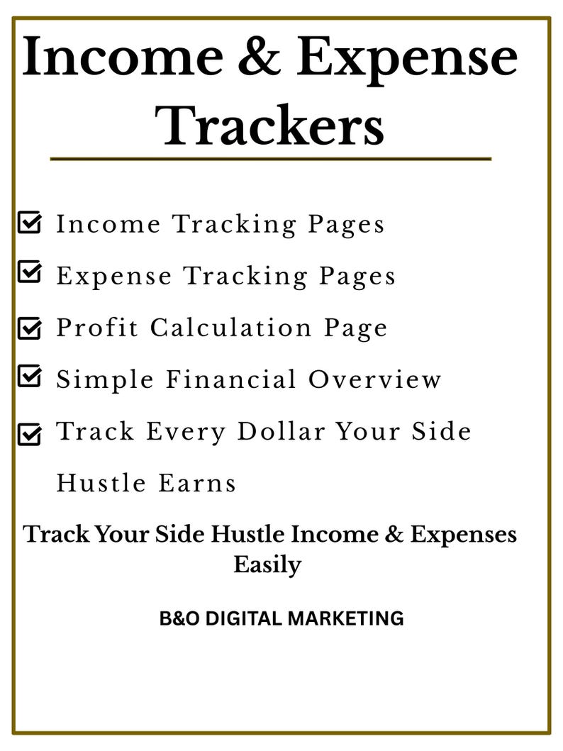 Puede incluir: Gr&aacute;fico digital con las palabras "Income & Expense Trackers" en negrita negra. La imagen enumera caracter&iacute;sticas como p&aacute;ginas de seguimiento de ingresos y gastos, c&aacute;lculo de ganancias y descripci&oacute;n general financiera. Tambi&eacute;n se incluye el texto "Track Your Side Hustle Income & Expenses Easily".