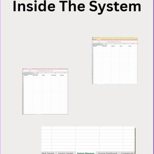 May include: The image displays a light purple background with the text "Inside The System" in bold black letters. Three spreadsheet windows are visible, along with a horizontal bar with spreadsheet tabs labeled "Client Tracker", "Invoice Tracker", and "Project Manager".