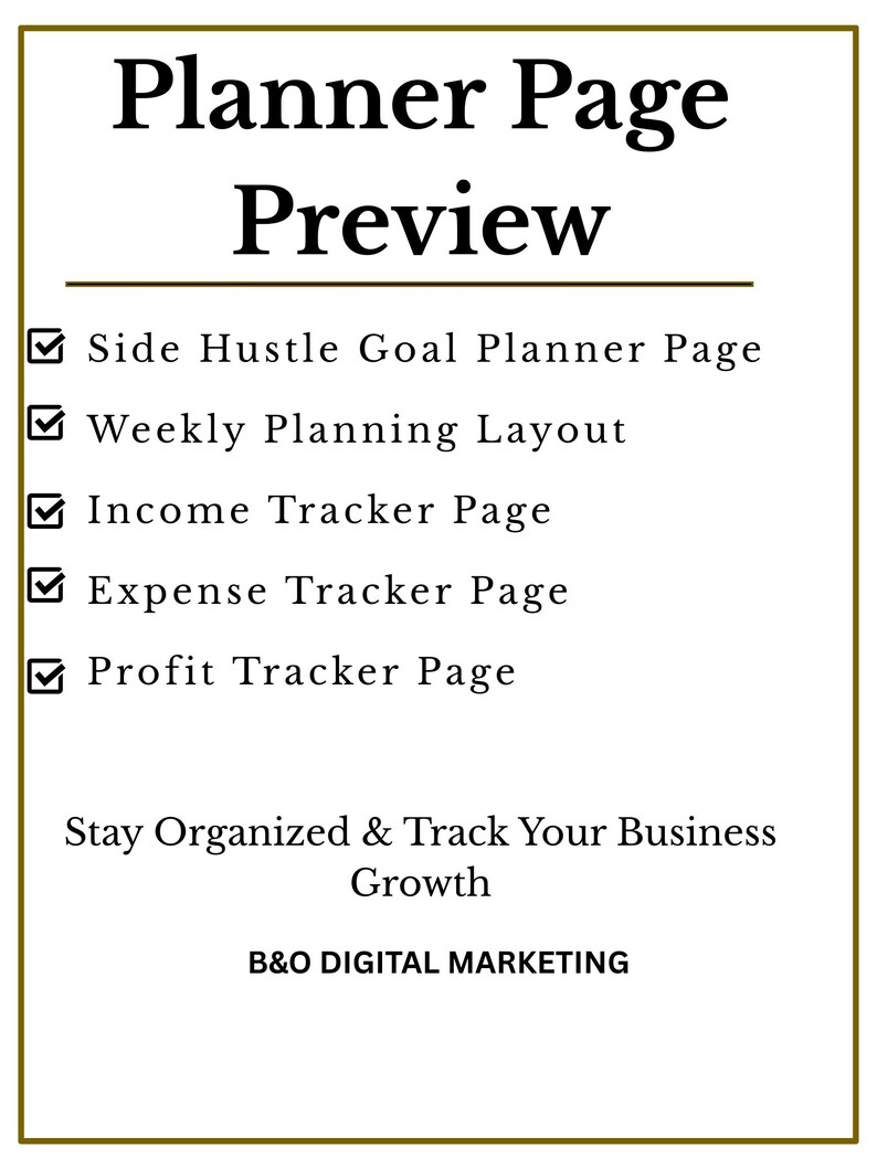 Puede incluir: Vista previa de una p&aacute;gina de planificador con el t&iacute;tulo "Planner Page Preview" en negrita negra. La imagen enumera los tipos de p&aacute;ginas del planificador: Objetivo de actividad secundaria, Dise&ntilde;o de planificaci&oacute;n semanal, P&aacute;gina de seguimiento de ingresos, P&aacute;gina de seguimiento de gastos y P&aacute;gina de seguimiento de ganancias.