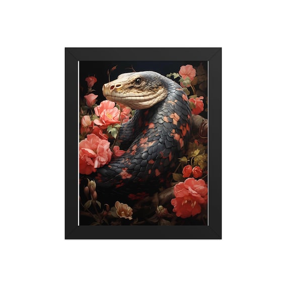 Majestic Snake Floral Wall Art – Moody Gothic Botanical Print, Vintage Roses