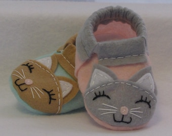 Felt Cat Baby Slippers- Light Pink,Light Blue or Mint Felt Kitten Baby Shoes- Buy 2 Get 1 Free