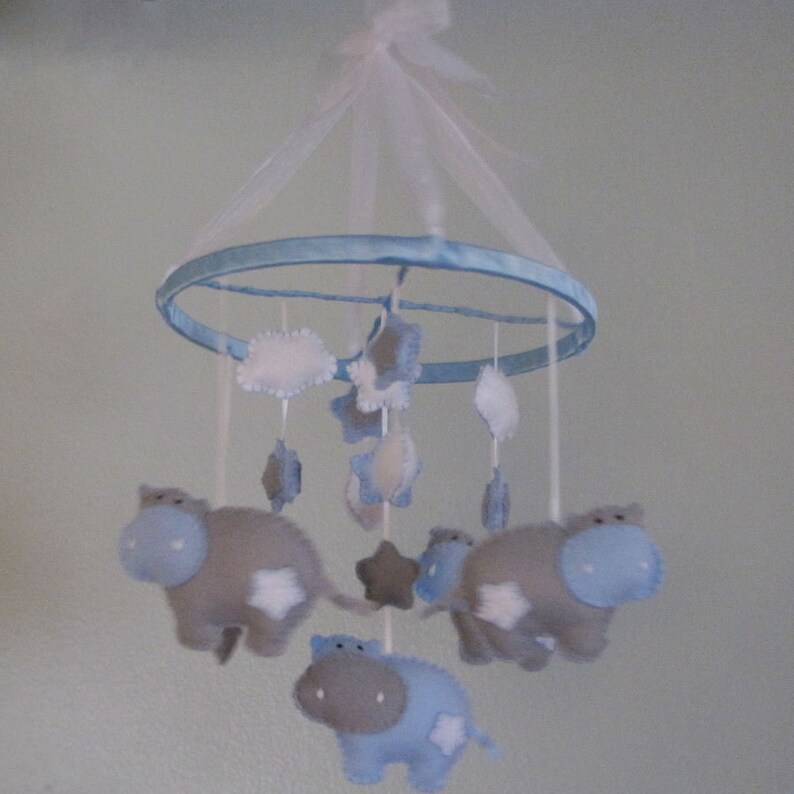 Felt Hippo Baby Mobile Blue White Grey Felt Hippo Mobile Etsy