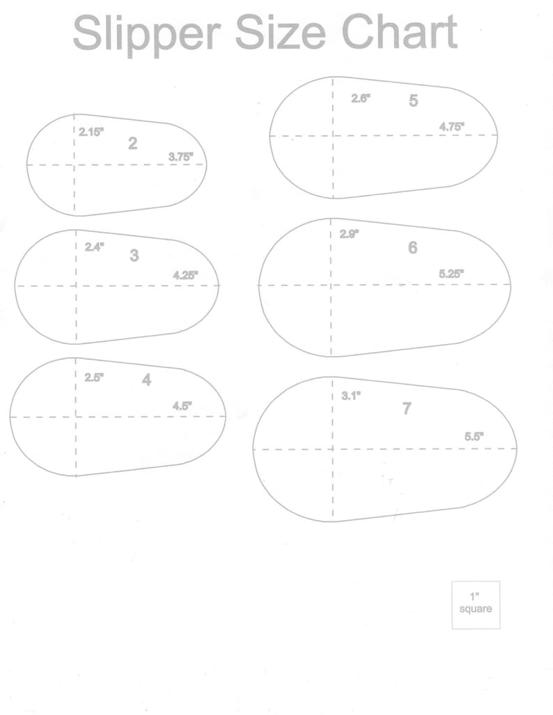 May include: A chart showing slipper sizes with outlines of slippers in different sizes. The chart shows the length of the slipper in inches and the corresponding slipper size. The chart also includes a 1-inch square for reference.