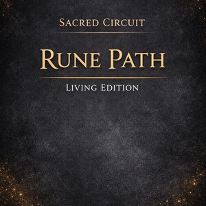Könnte beinhalten: Ein Buchcover mit dem Titel "Rune Path" in goldener Schrift, unter den Worten "Sacred Circuit" und über "Living Edition". Der Name des Autors, Everett-Shea Latourelle, steht unten. Der Hintergrund ist dunkel mit goldenen Glitzer.