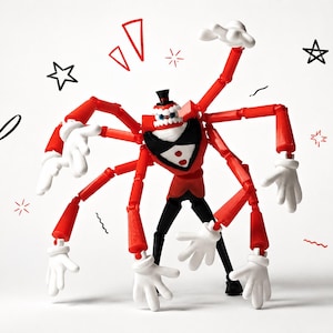 Könnte beinhalten: Eine mehrarmige Actionfigur, die ein rotes Smoking-Sakko mit schwarzem Revers, einen schwarzen Zylinder und weiße Handschuhe trägt. Die Figur hat sechs lange rote Arme, die vom Oberkörper ausgehen, ein weißes Gesicht mit breitem Grinsen und eine schwarze Hose. Handgezeichnete schwarze und rote Stern- und Kringelgrafiken umgeben die Figur.