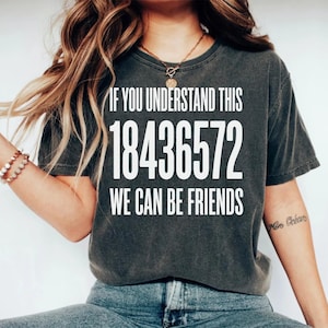 May include: A charcoal gray short-sleeve t-shirt featuring white text that reads IF YOU UNDERSTAND THIS 18436572 WE CAN BE FRIENDS. The shirt has a crew neckline and a washed, vintage-style finish, with the graphic centered on the chest area.