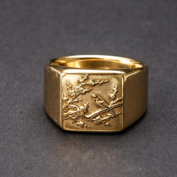 AU585 14K Gold Plum Blossom Ring Vintage Five Blessings Spiritual