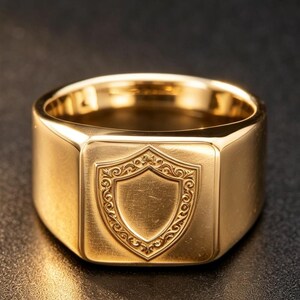 May include: A gold-toned signet ring featuring a flat, square-shaped face with an engraved shield emblem. The shield design includes a decorative, ornate border pattern surrounding a smooth, blank center area. The ring has a polished finish.