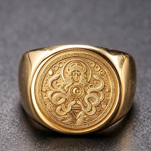 May include: A gold-toned ring featuring a circular face with an embossed design of a central figure with long hair, surrounded by two coiled snakes and a crescent moon symbol. The outer border of the circular face displays a series of small circles.