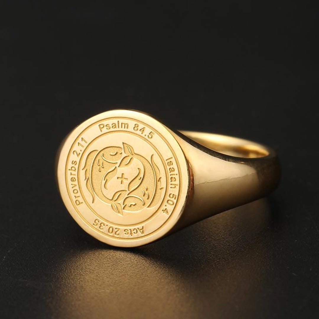 18K Gold Bible Verse Engraved Ring Ichthys Cross Christian Keepsake ...