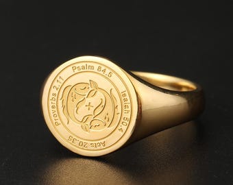 18K Gold Bible Verse Engraved Ring Ichthys Cross Christian Keepsake Signet