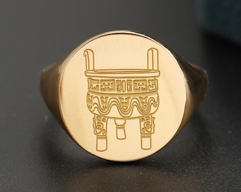 Anillo de oro de 18 quilates con patrón antiguo Ding, tótem cultural personalizado